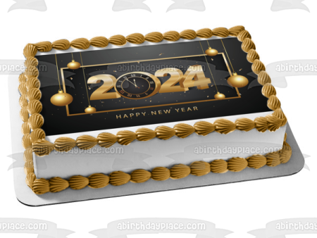 Happy New Year 2024 Gold Christmas Ornaments Edible Cake Topper Image ABPID57742 Cheap