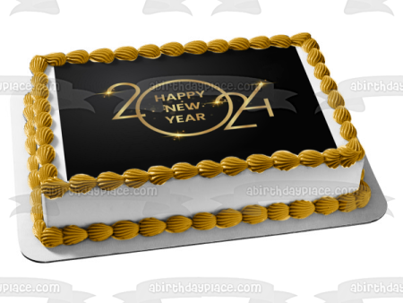 Happy New Year 2024 Graphite and Sparkles Edible Cake Topper Image ABPID57753 Online