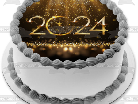 Happy New Year 2024 Golden Clock Confetti Edible Cake Topper Image ABPID57743 Sale