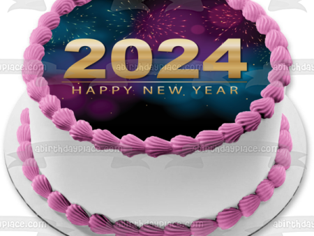 Happy New Year 2024 Pink and Blue Bokeh Fireworks Edible Cake Topper Image ABPID57752 Online Sale