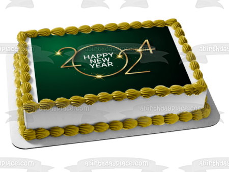 Shining Golden & Green 2024 Happy New Year Edible Cake Topper Image ABPID57760 Sale